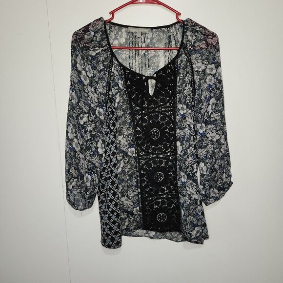Daniel Rainn Tops - Daniel Rainn Floral Lace Trim Semi Sheer Boho Blouse Women's Petite Large